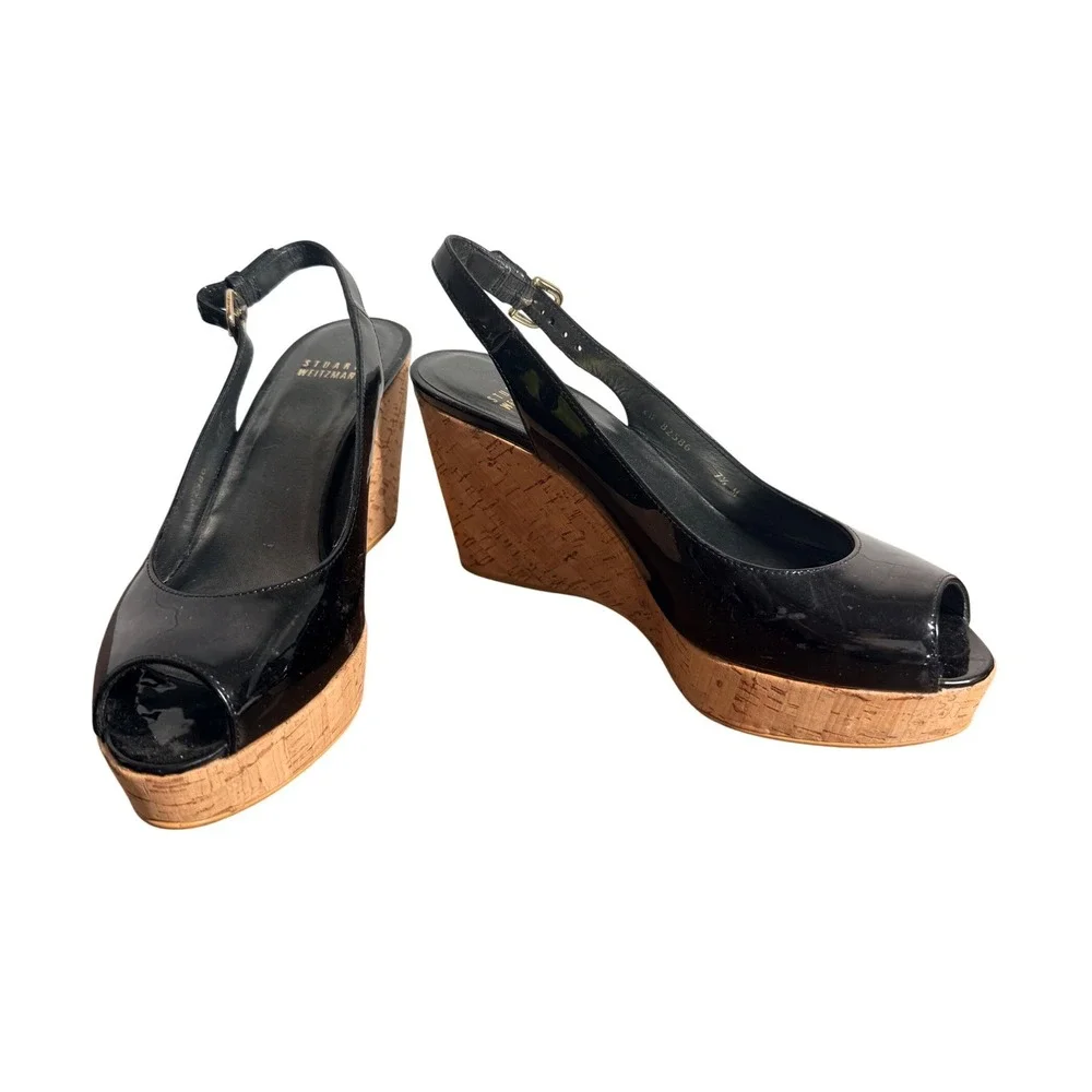 Stuart Weitzman Black Patent Leather Cork Wedge Slingback Peep Toe Sandals 7.5 M - Picture 2 of 6